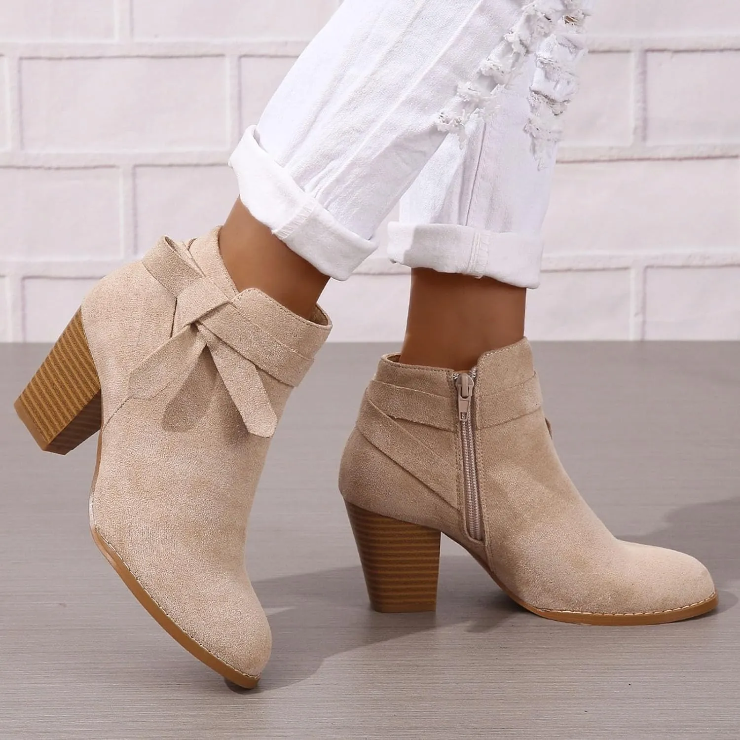 Ankle Boots for Women Women's Tie Knot Ankle Boots Closed Toe Stacked Heel Booties Pointed Toe Side Zipper Shoes