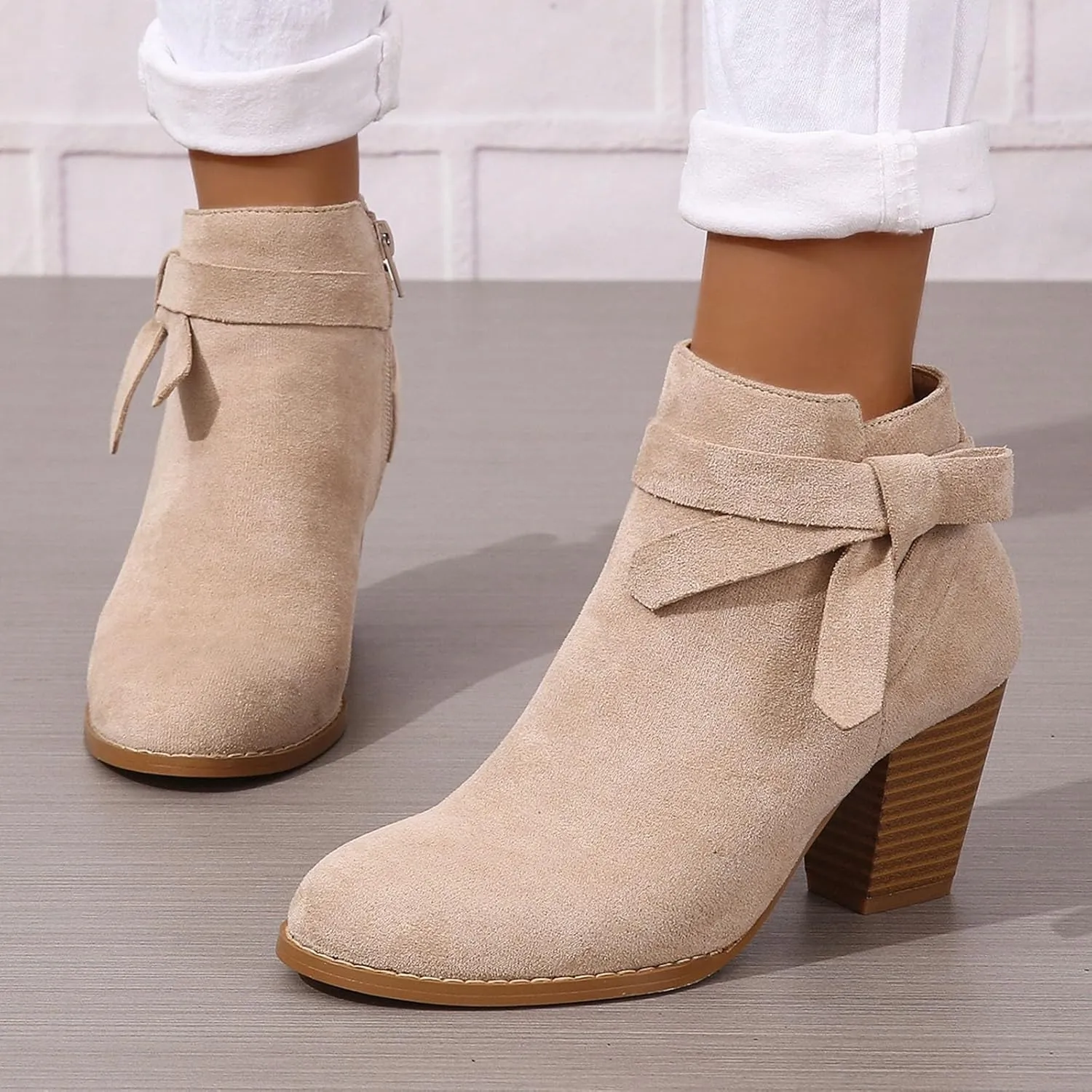 Ankle Boots for Women Women's Tie Knot Ankle Boots Closed Toe Stacked Heel Booties Pointed Toe Side Zipper Shoes