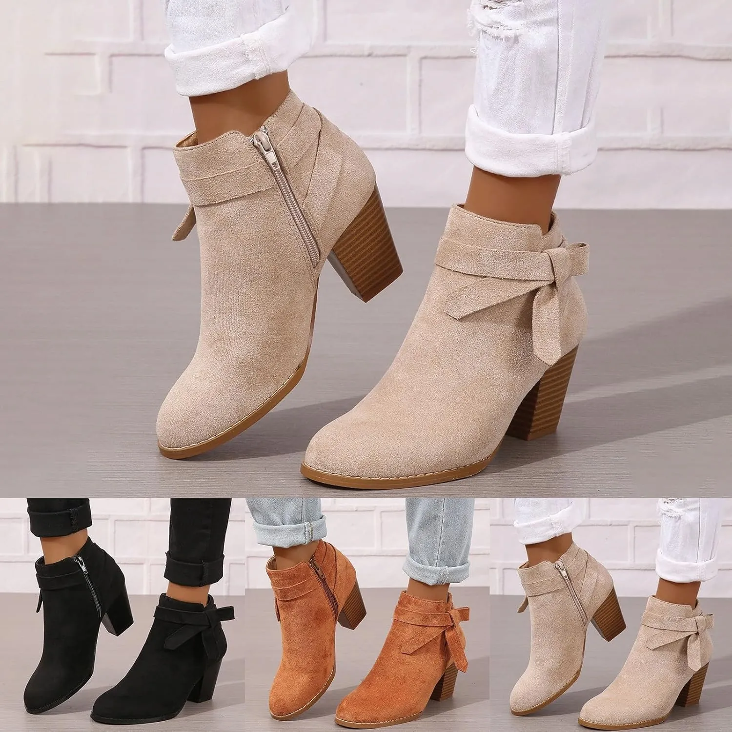 Ankle Boots for Women Women's Tie Knot Ankle Boots Closed Toe Stacked Heel Booties Pointed Toe Side Zipper Shoes