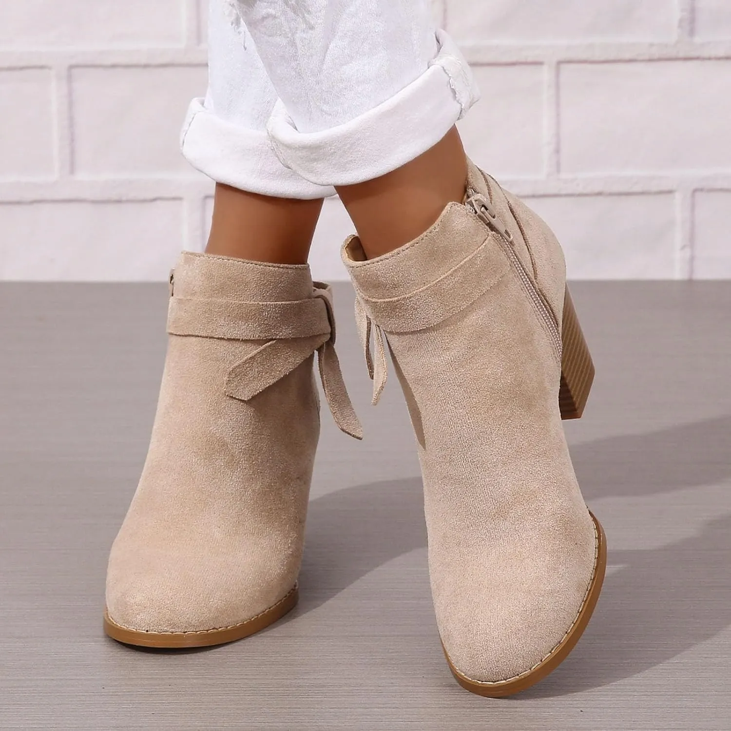 Ankle Boots for Women Women's Tie Knot Ankle Boots Closed Toe Stacked Heel Booties Pointed Toe Side Zipper Shoes