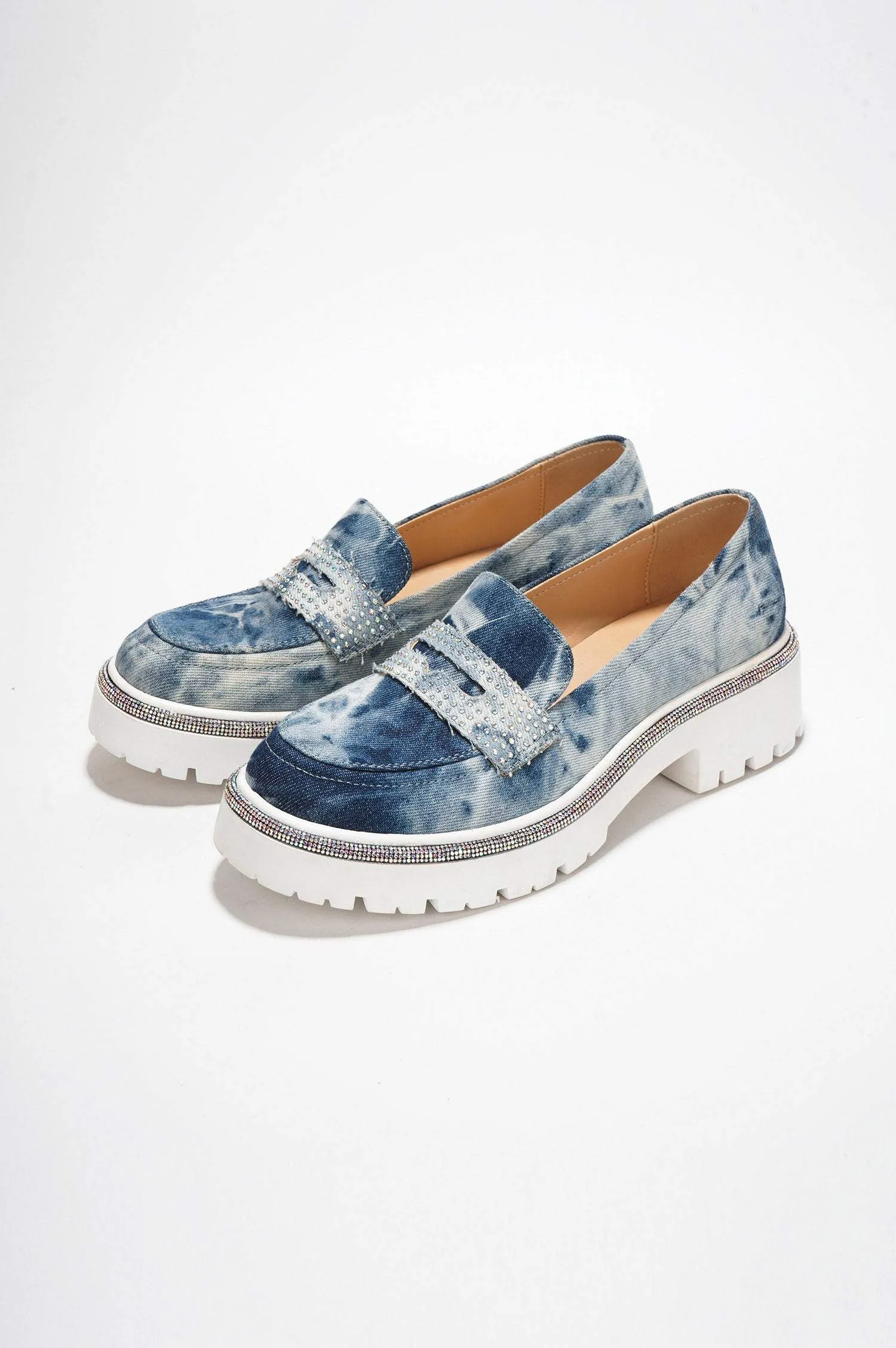 Bandia Lug Sole Rhinestone Lined Flat Loafers