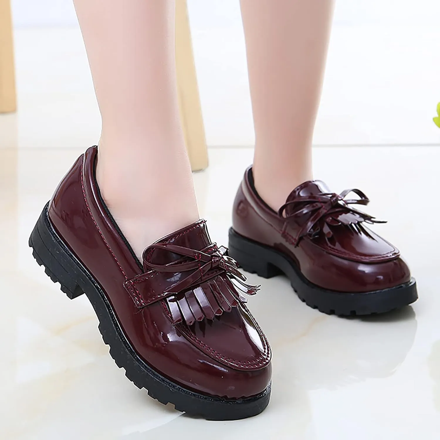Big Girls Loafer Slip On Leather Tassel Bow School Dress Shoes ??atent-Leather Reflective Flat Loafers Glitter Shoes