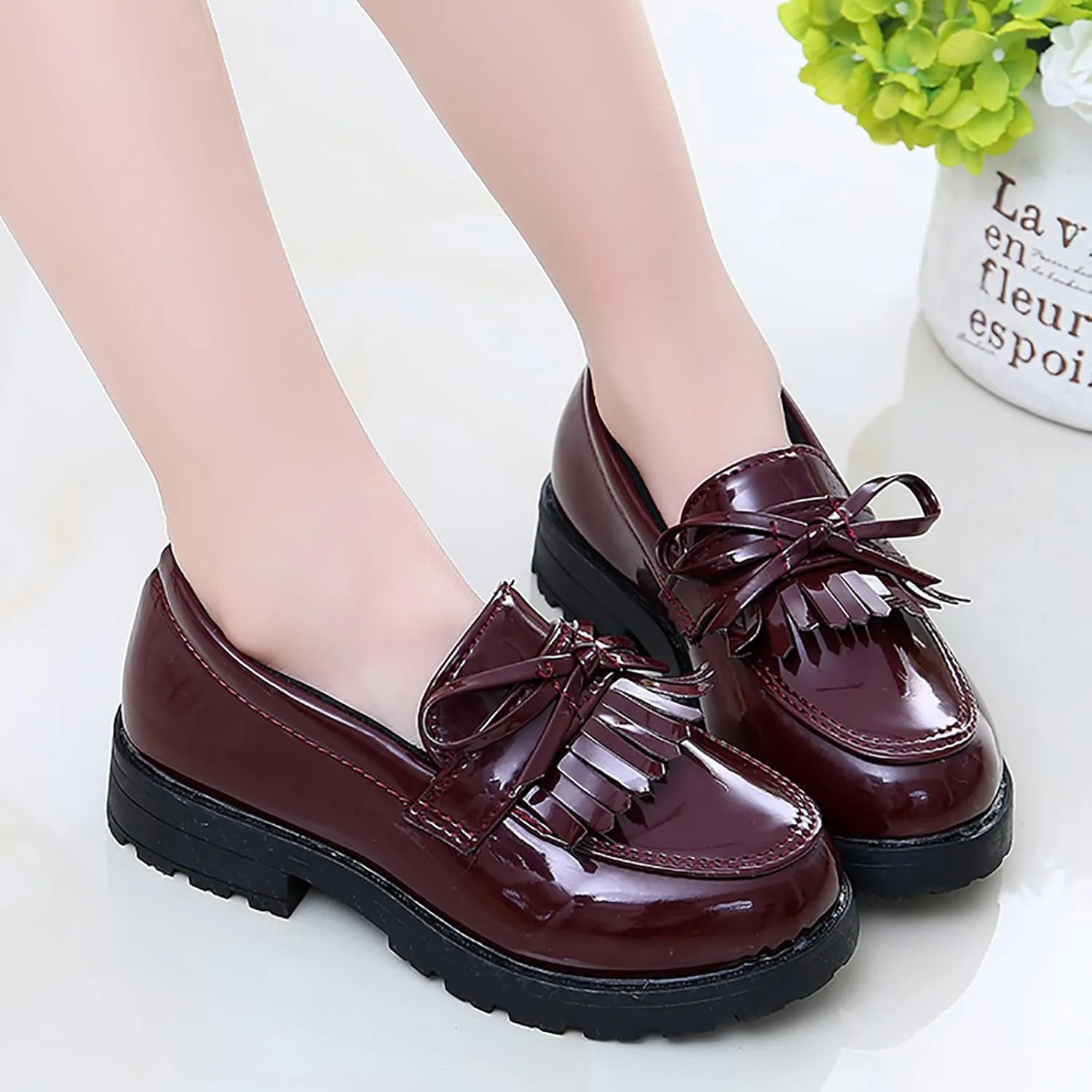 Big Girls Loafer Slip On Leather Tassel Bow School Dress Shoes ??atent-Leather Reflective Flat Loafers Glitter Shoes