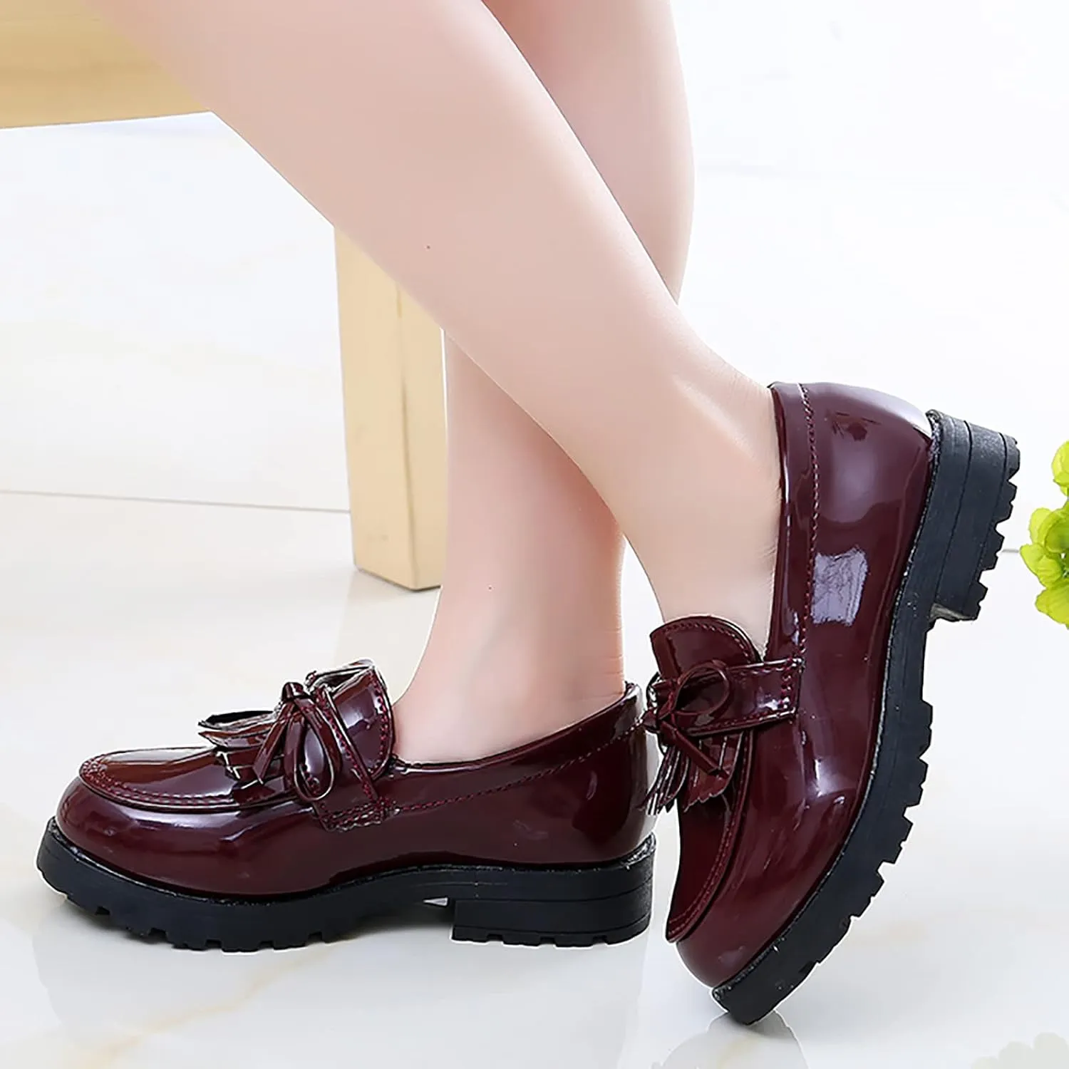 Big Girls Loafer Slip On Leather Tassel Bow School Dress Shoes ??atent-Leather Reflective Flat Loafers Glitter Shoes