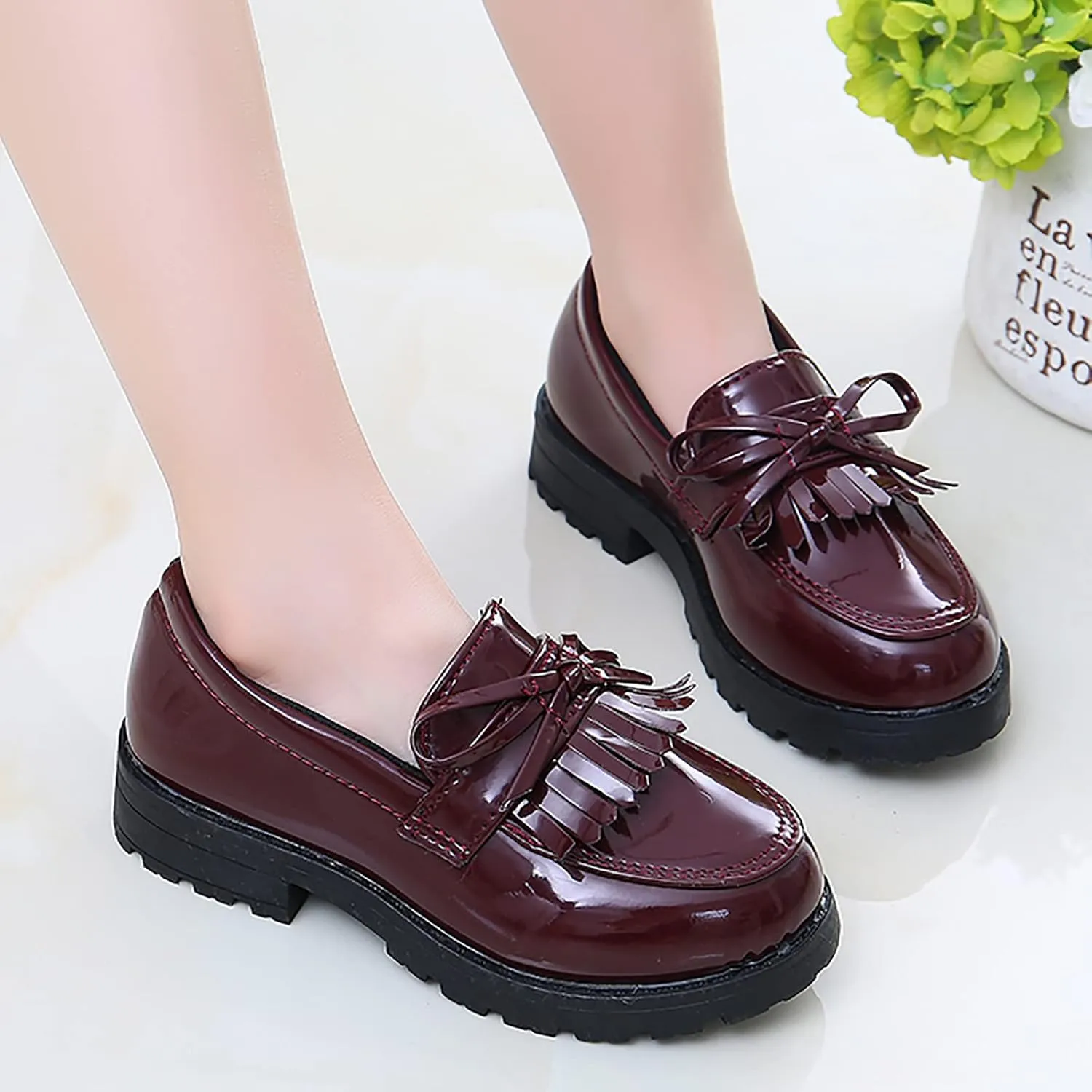 Big Girls Loafer Slip On Leather Tassel Bow School Dress Shoes ??atent-Leather Reflective Flat Loafers Glitter Shoes