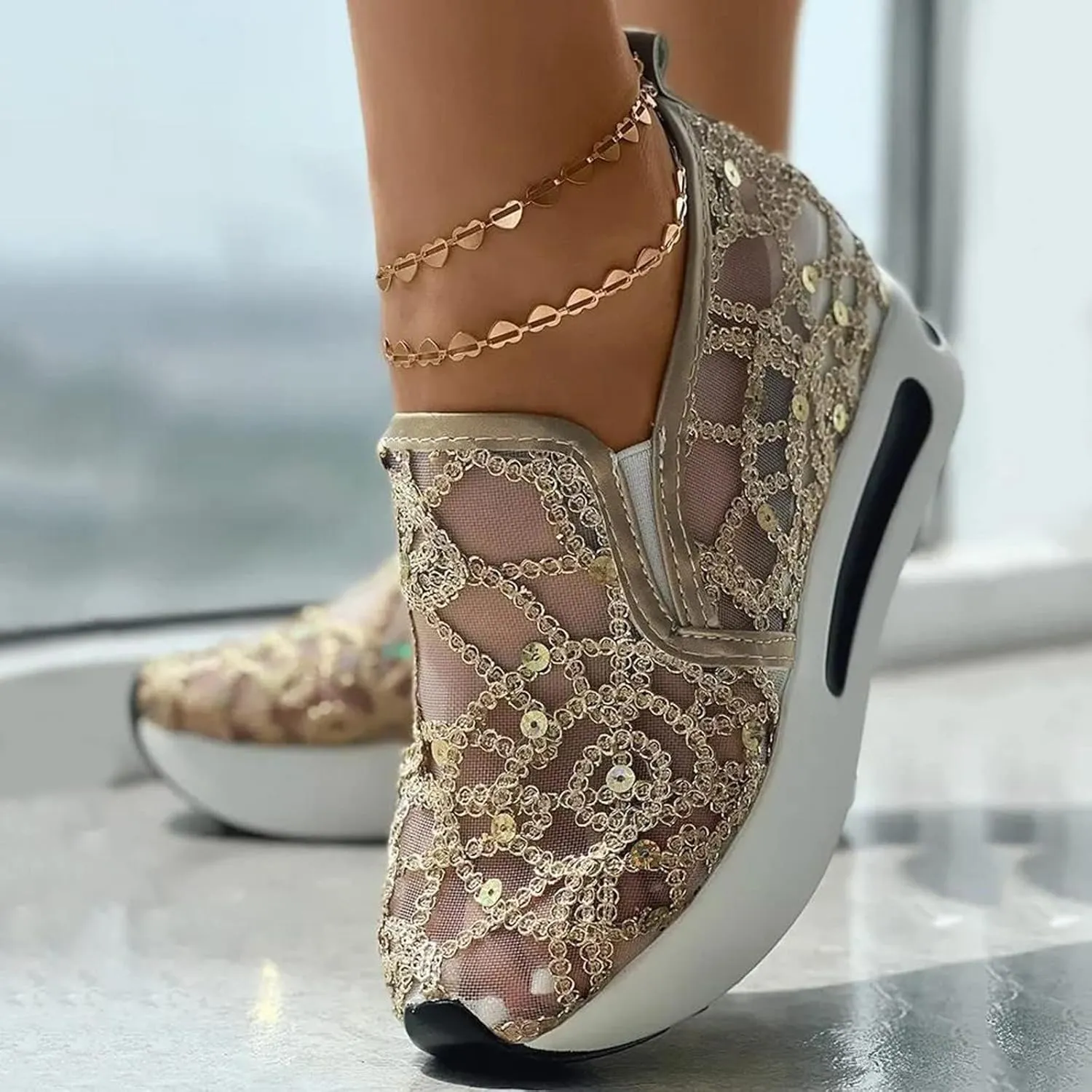 Fashion Sneakers for Women Platform Slip On Sneakers Floral Embroidery Breathable Sheer Mesh Lace Sneaker Dressy Casual Walking Shoes Comfortable Casual Wedge Slip On Work Shoes