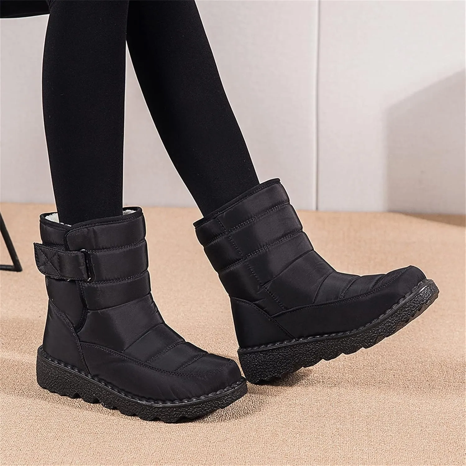 Fleece Lined Thick Mid-Calf Snow Boot for Women Outdoor Hiking Waterproof Cotton Chunky Heel Flat Boot with Buckle