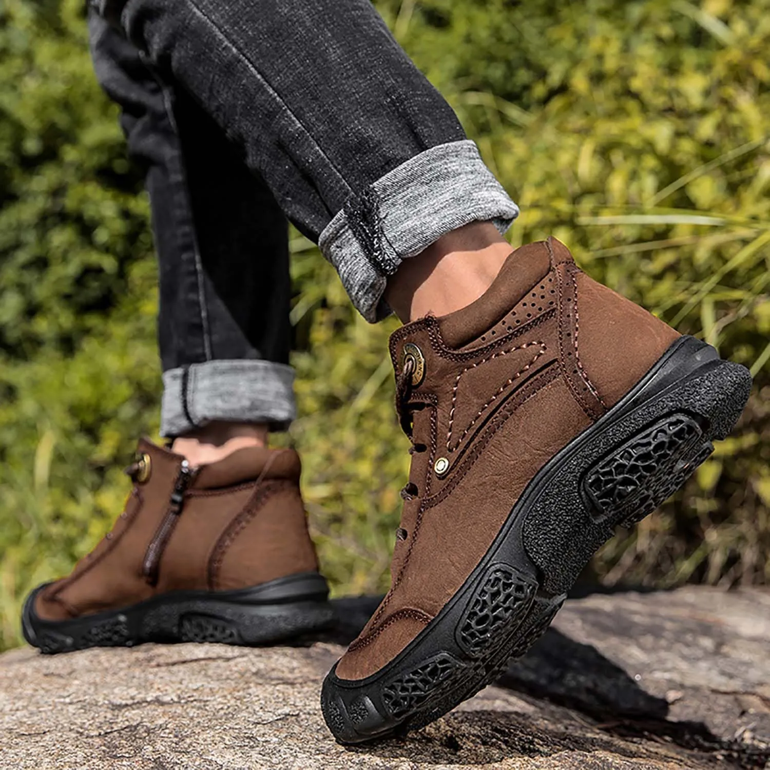 HESBITEUL Men's Leather Chukka Hiking Boots All Seasons for Camping & Driving Ankle Shoes