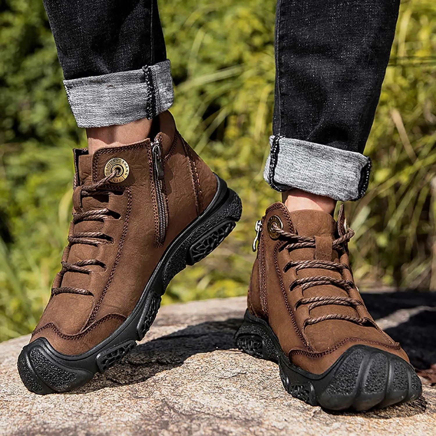 HESBITEUL Men's Leather Chukka Hiking Boots All Seasons for Camping & Driving Ankle Shoes