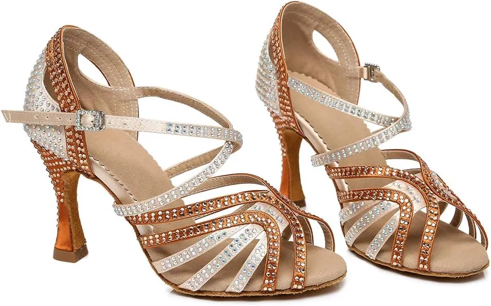HROYL Women's Rhinestone Ballroom Dance Shoes Latin Salsa Performance Wedding Party Dance Heels,YCL450