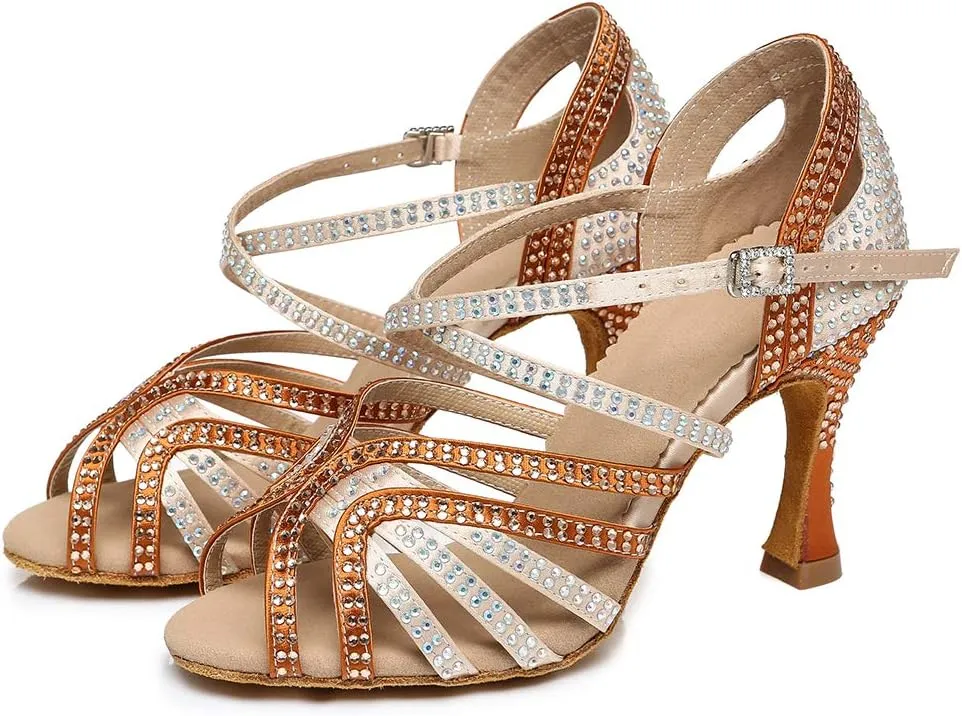HROYL Women's Rhinestone Ballroom Dance Shoes Latin Salsa Performance Wedding Party Dance Heels,YCL450