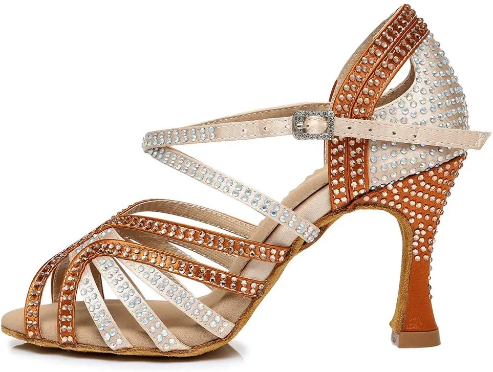 HROYL Women's Rhinestone Ballroom Dance Shoes Latin Salsa Performance Wedding Party Dance Heels,YCL450