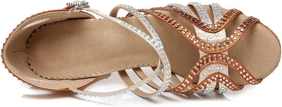 HROYL Women's Rhinestone Ballroom Dance Shoes Latin Salsa Performance Wedding Party Dance Heels,YCL450