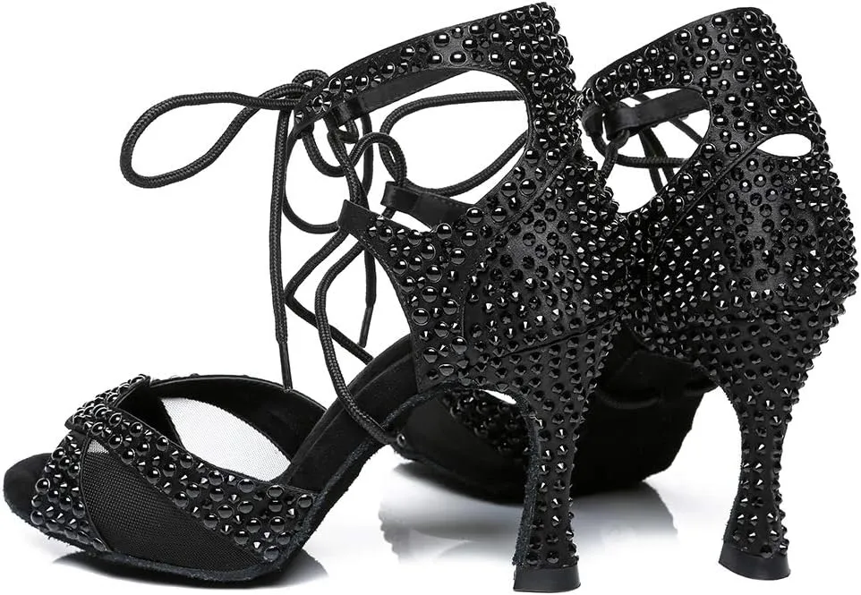 HROYL Women's Rhinestone Ballroom Dance Shoes Latin Salsa Performance Wedding Party Dance Heels,YCL452
