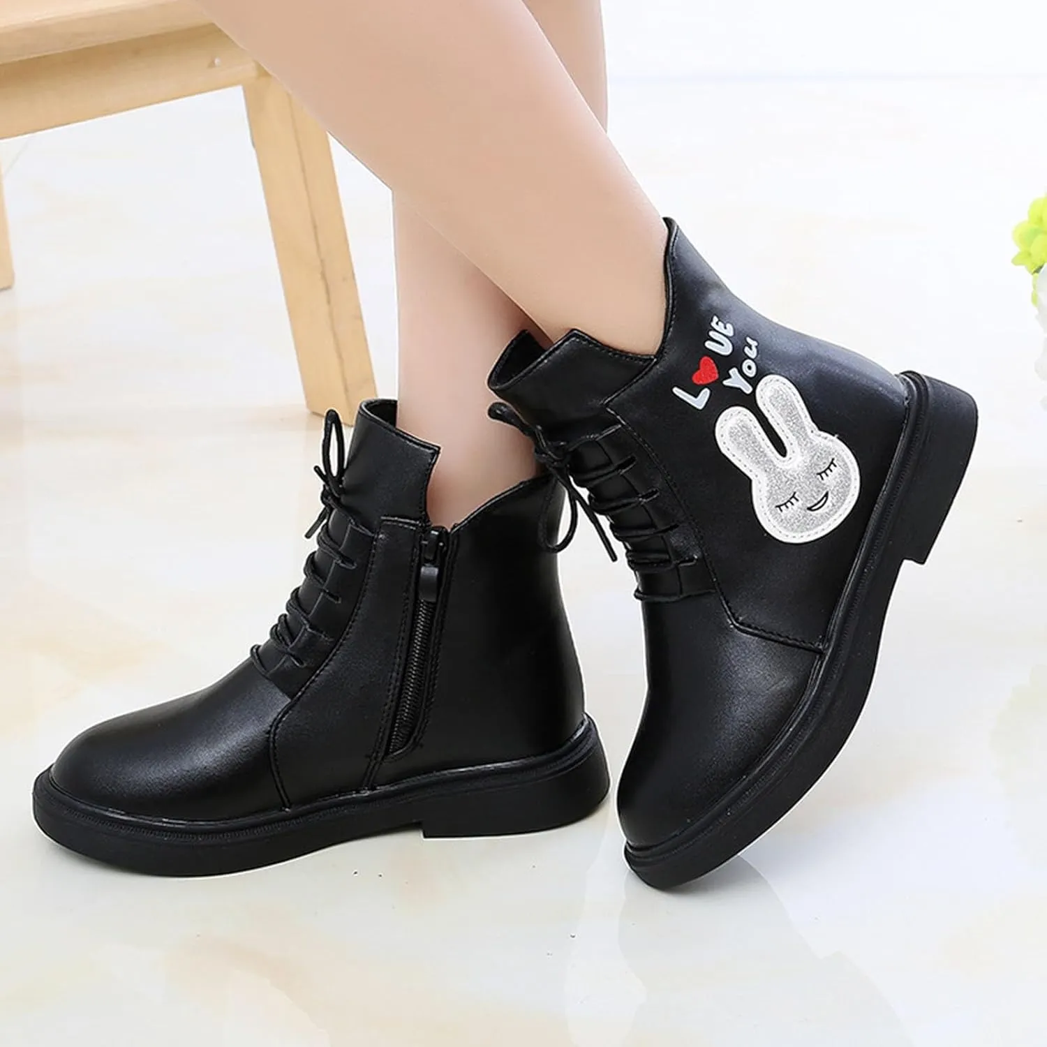 Kids Girls PU Leather Short Boots Lightweight Comfortable Side Zipper Puffy Ankle Booties Leather Boots