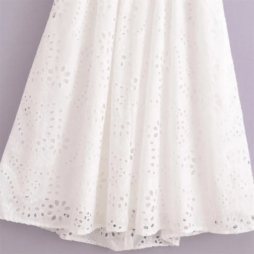 Marseille White Broderie Midi Shirt Dress  Short Sleeve Cotton Summer Dress with Tie Waist