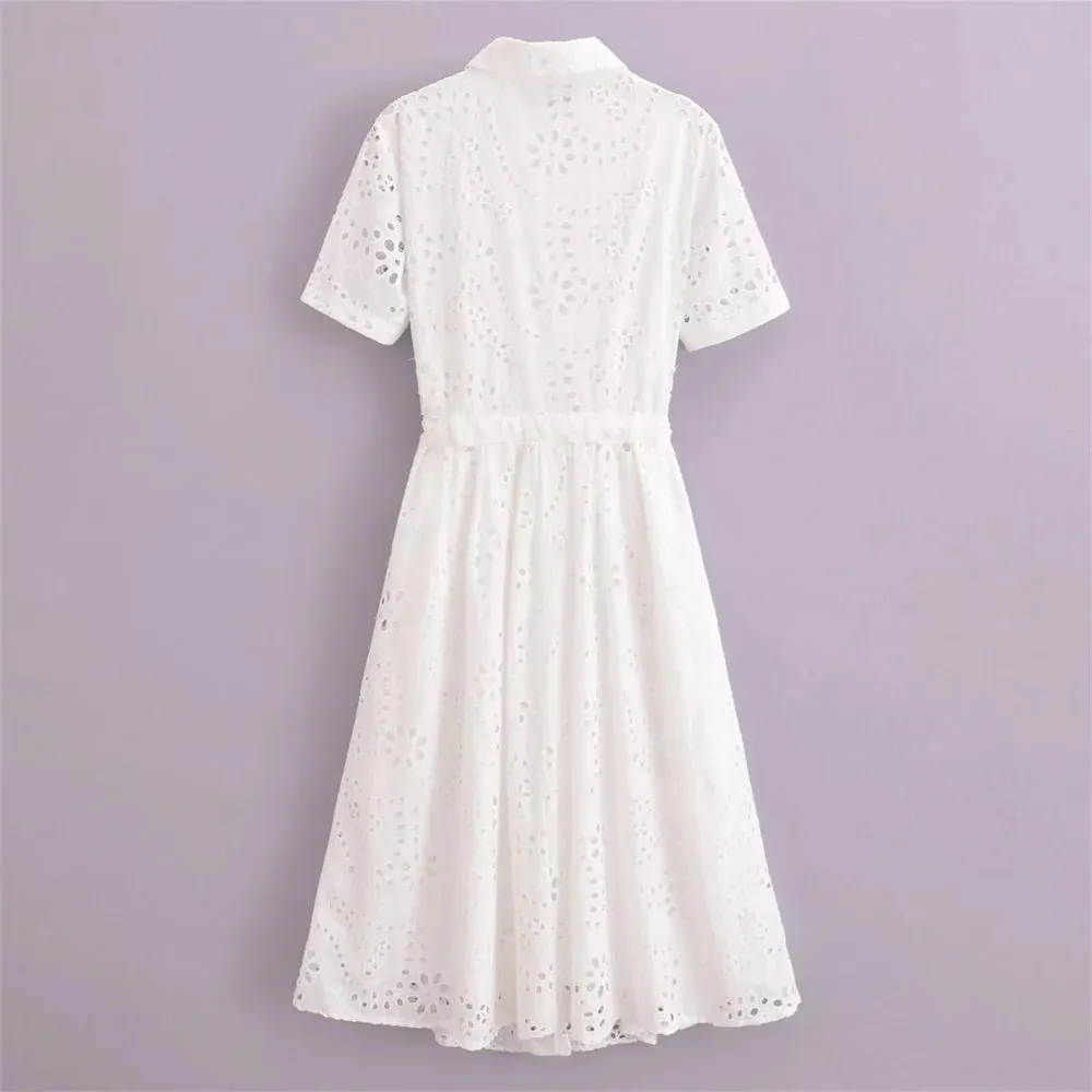 Marseille White Broderie Midi Shirt Dress  Short Sleeve Cotton Summer Dress with Tie Waist