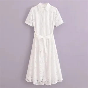 Marseille White Broderie Midi Shirt Dress  Short Sleeve Cotton Summer Dress with Tie Waist