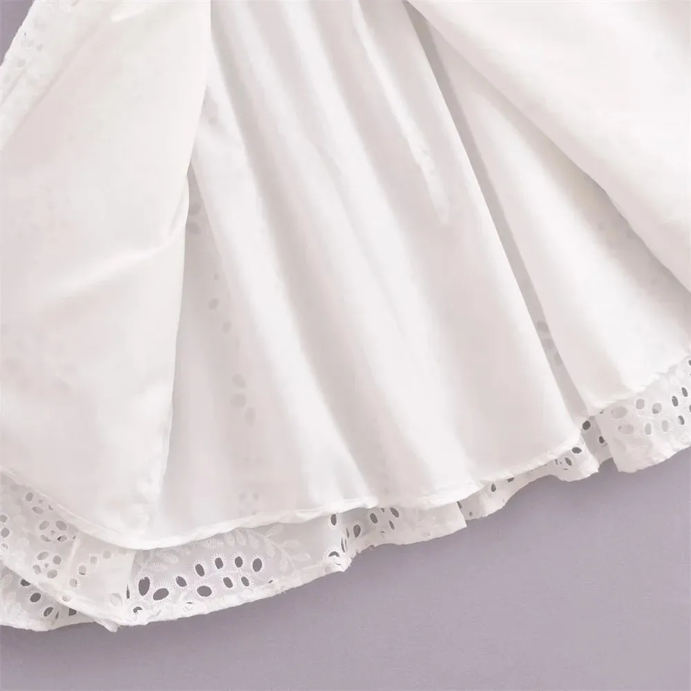 Marseille White Broderie Midi Shirt Dress  Short Sleeve Cotton Summer Dress with Tie Waist