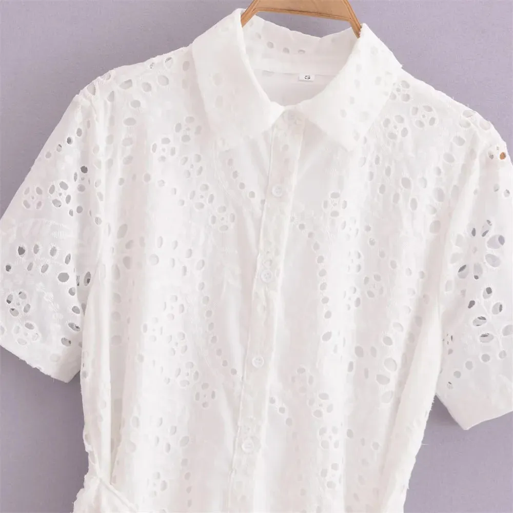 Marseille White Broderie Midi Shirt Dress  Short Sleeve Cotton Summer Dress with Tie Waist