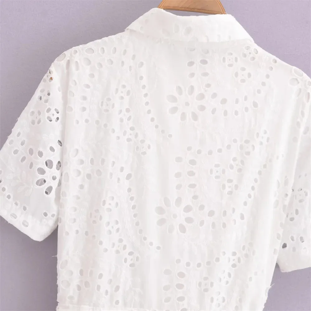 Marseille White Broderie Midi Shirt Dress  Short Sleeve Cotton Summer Dress with Tie Waist