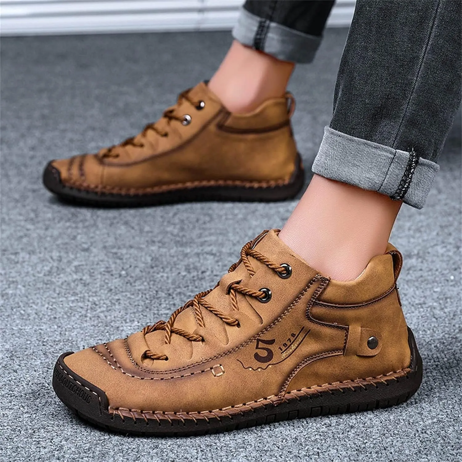 Men Shoes Dress Leather Soles Fashion Summer and Autumn Men Leather Shoes Flat Soft Bottom Comfortable Mid Top Lace Up Casual Men Leather Chukka Boot