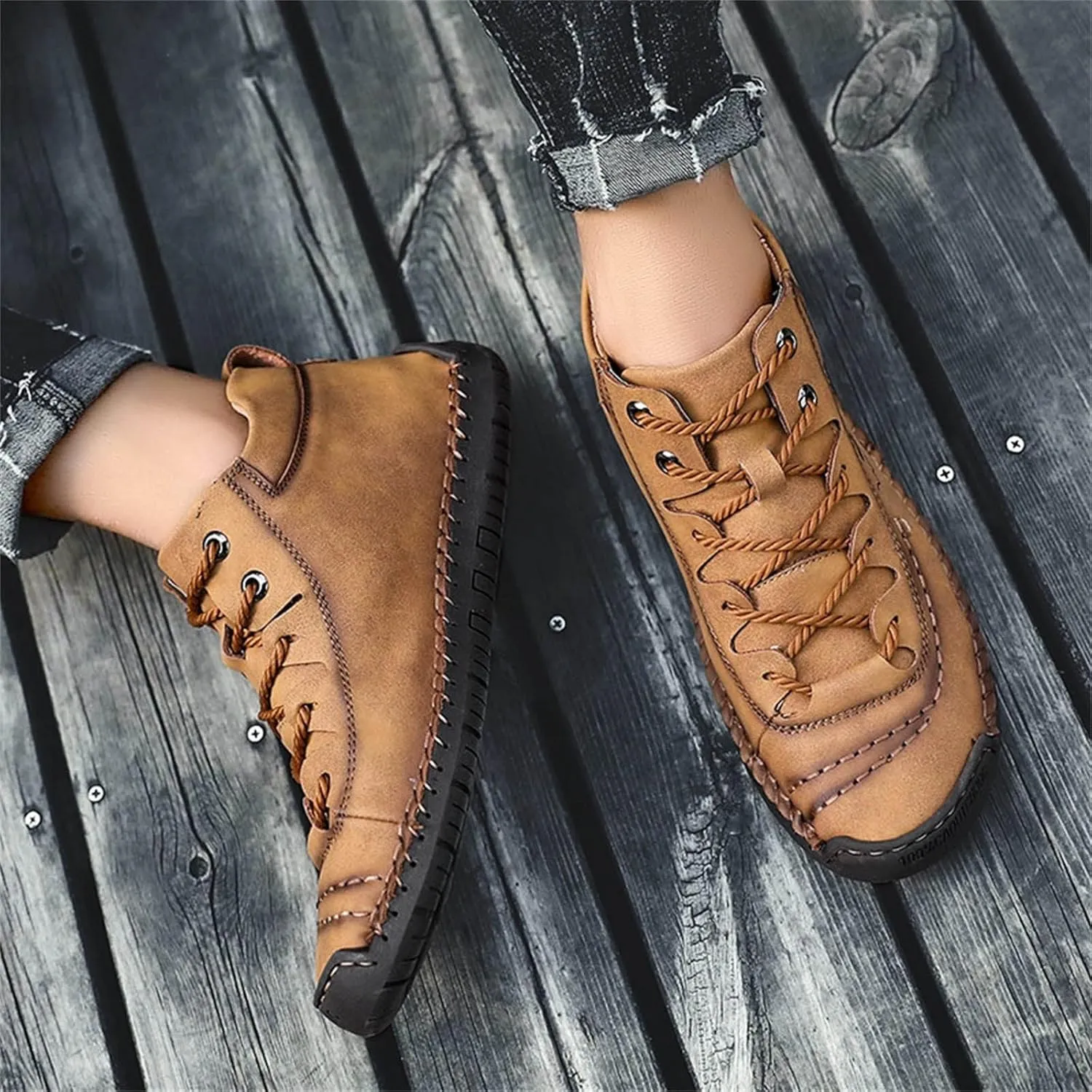 Men Shoes Dress Leather Soles Fashion Summer and Autumn Men Leather Shoes Flat Soft Bottom Comfortable Mid Top Lace Up Casual Men Leather Chukka Boot