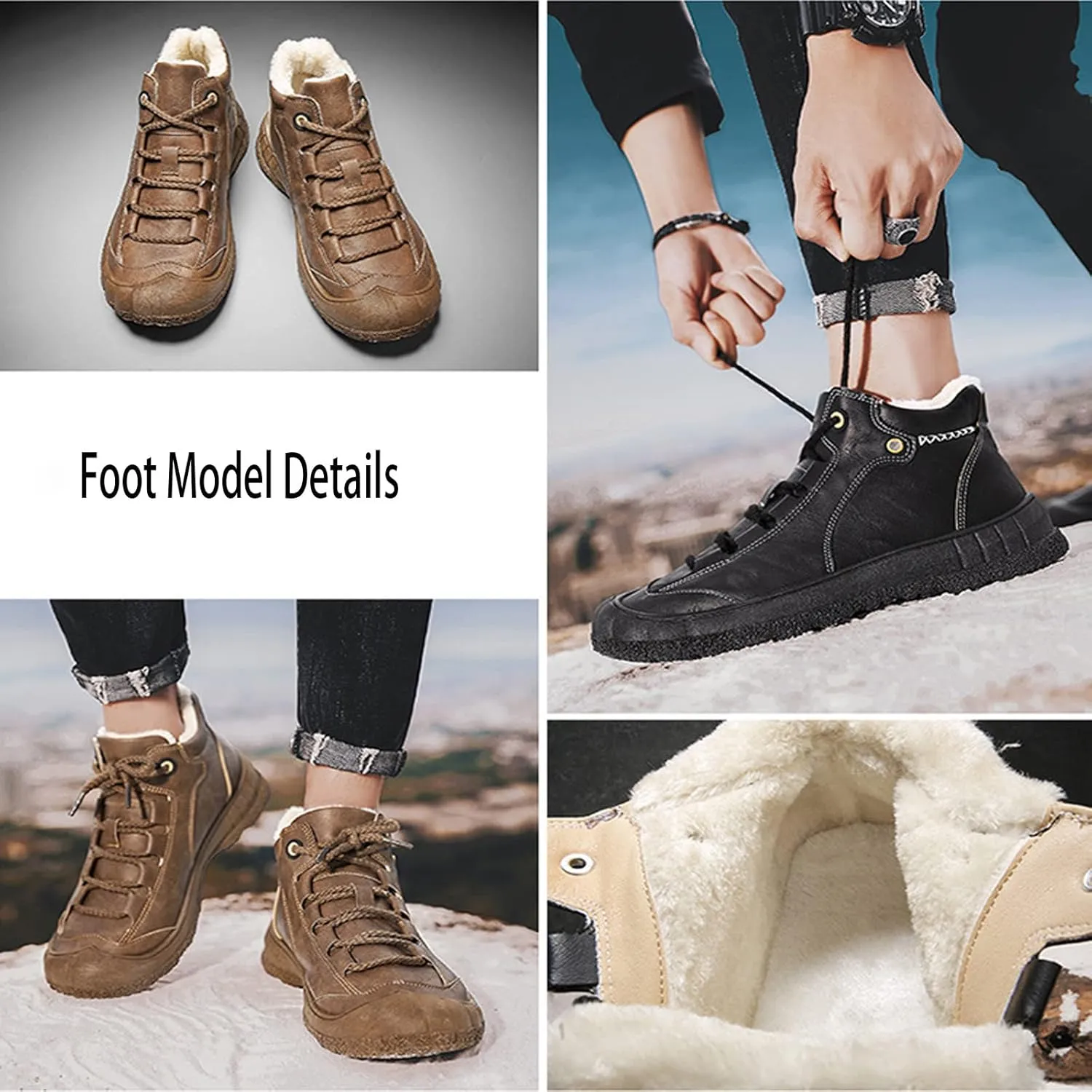 Men's Fur Lined Pu Leather Waterproof Ankle Snow Boots,Outdoor Lace Baotou Non-Slip Hiking Hiking Shoes