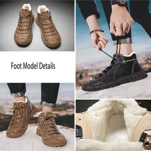 Men's Fur Lined Pu Leather Waterproof Ankle Snow Boots,Outdoor Lace Baotou Non-Slip Hiking Hiking Shoes