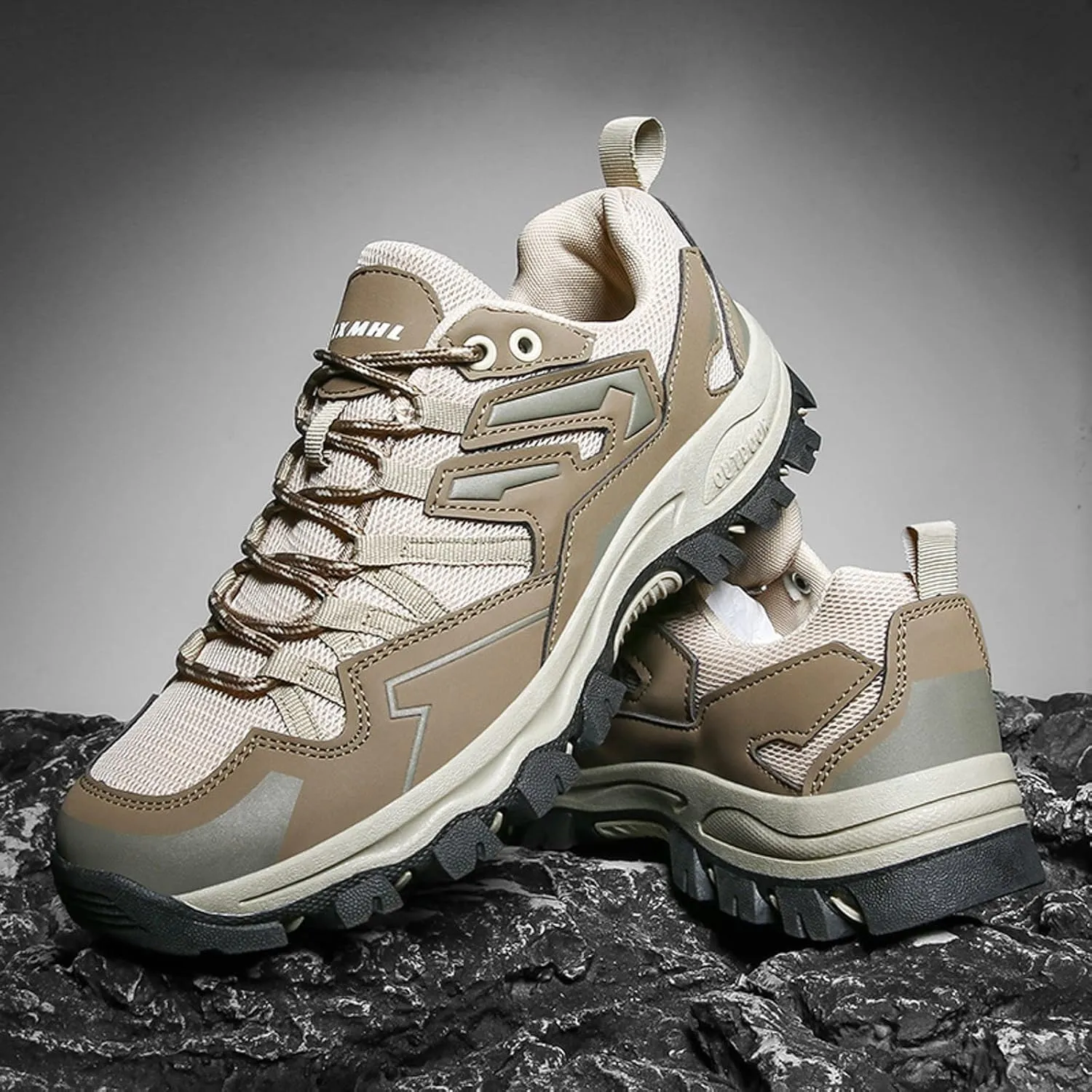 Mens Hiking Boots Outdoor Ankle Booties Leather Walking Lace Up Lightweight Trekking Shoes Breathable Work Walking Trekking