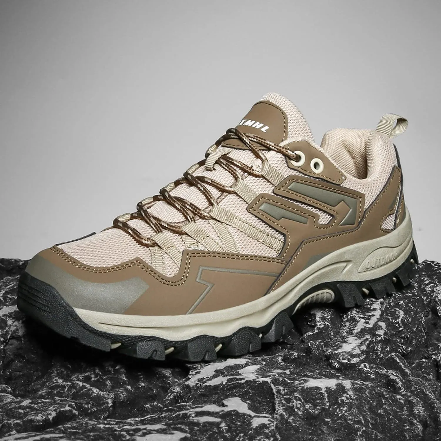 Mens Hiking Boots Outdoor Ankle Booties Leather Walking Lace Up Lightweight Trekking Shoes Breathable Work Walking Trekking