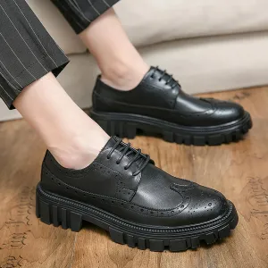 Men's Leather Oxford Dress Shoes - Platform Wingtip Oxfords - Comfortable Business Formal Slip-Resistant Work Derby Shoes