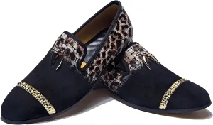 Mens Leopard Loafers Leather Embroidery Spiked Slip on Dress Shoes Slipper Luxury Fashion Penny Prom