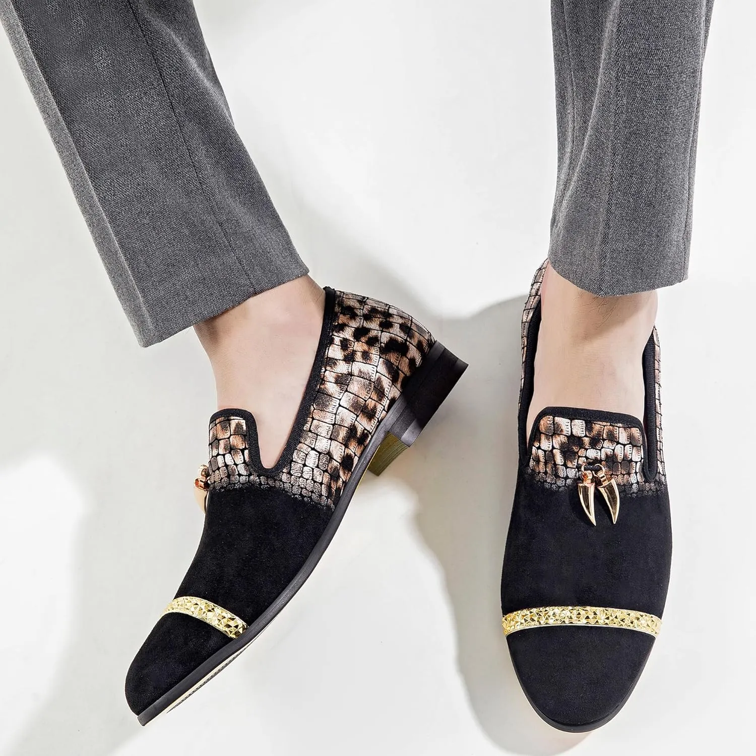 Mens Leopard Loafers Leather Embroidery Spiked Slip on Dress Shoes Slipper Luxury Fashion Penny Prom