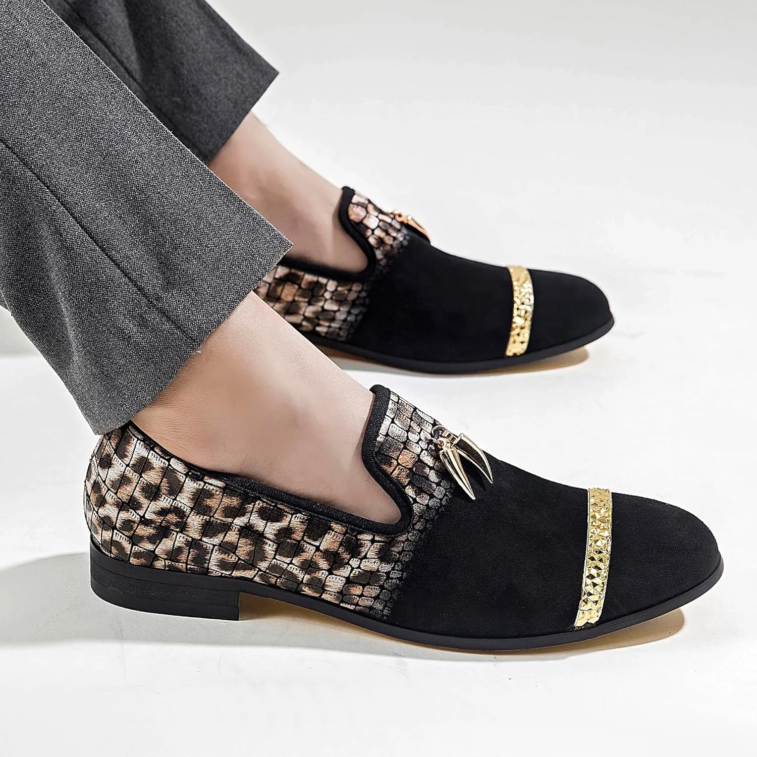 Mens Leopard Loafers Leather Embroidery Spiked Slip on Dress Shoes Slipper Luxury Fashion Penny Prom