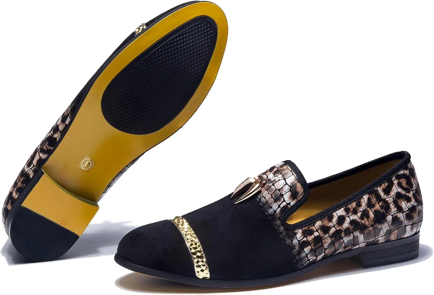 Mens Leopard Loafers Leather Embroidery Spiked Slip on Dress Shoes Slipper Luxury Fashion Penny Prom