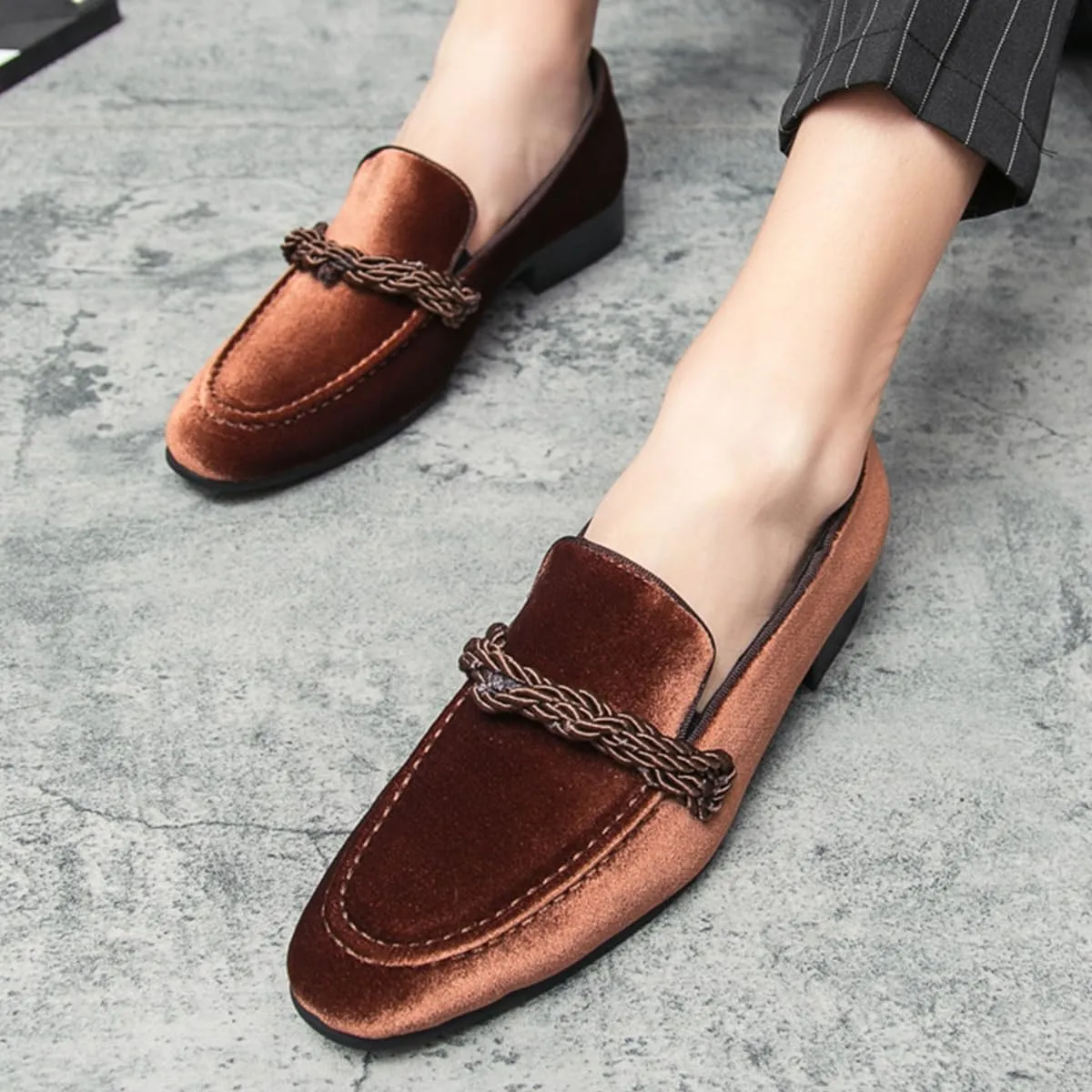 Men's Luxury Velvet Penny Loafers Brown Slip-On Suede Finish with Vamp Braided Ornament Dress Shoes Style
