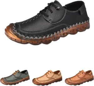 Qiucdzi Men's Leather Vintage Low Top Lace-Up Loafers, Anti-Slip Leather Hand Stitched Leather Shoes (Black,8.5)