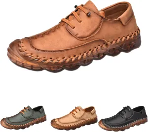 Qiucdzi Men's Leather Vintage Low Top Lace-Up Loafers, Anti-Slip Leather Hand Stitched Leather Shoes (Brown,7)