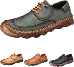 Qiucdzi Men's Leather Vintage Low Top Lace-Up Loafers, Anti-Slip Leather Hand Stitched Leather Shoes (Green,11)