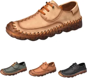 Qiucdzi Men's Leather Vintage Low Top Lace-Up Loafers, Anti-Slip Leather Hand Stitched Leather Shoes (Sand Color,5.5)