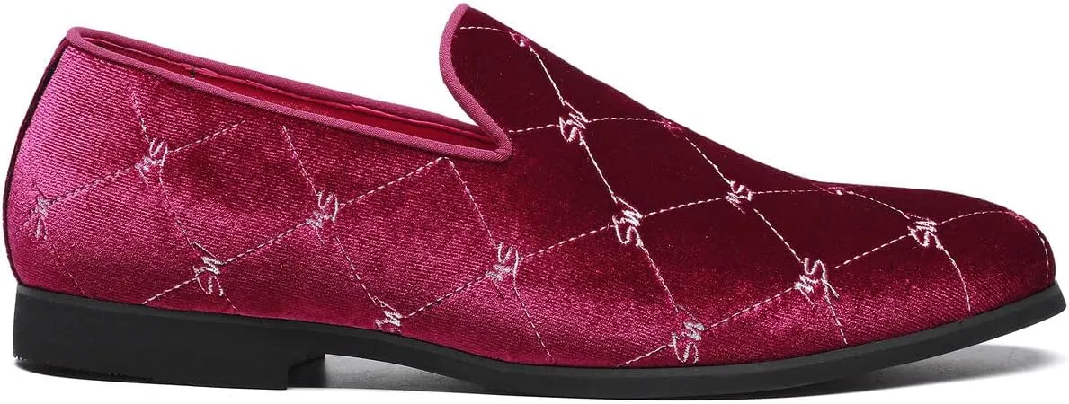Santimon Men's Silver Stitching Velvet Loafers Slip-On Leather Lined Luxury Smoking Shoes