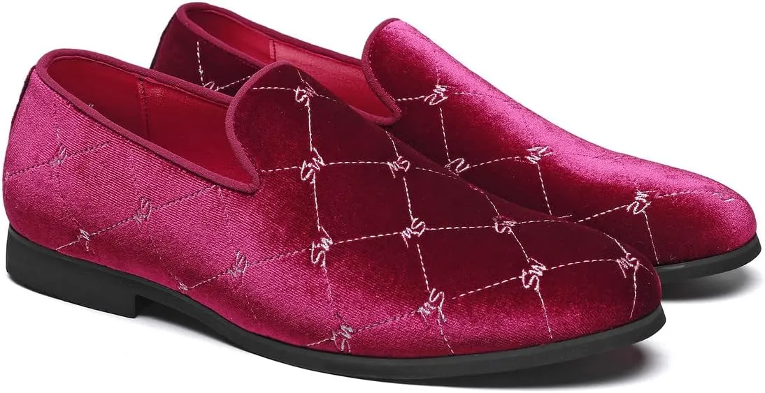 Santimon Men's Silver Stitching Velvet Loafers Slip-On Leather Lined Luxury Smoking Shoes