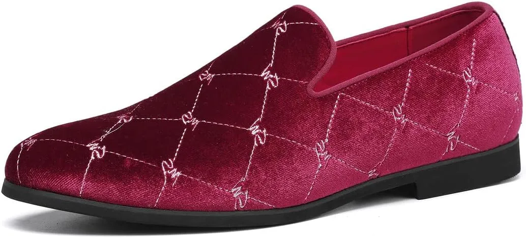 Santimon Men's Silver Stitching Velvet Loafers Slip-On Leather Lined Luxury Smoking Shoes