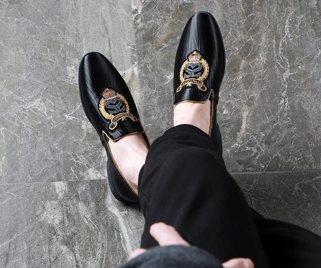 Santimon Mens Slip On Loafers Smoking Slipper Luxury Embroidery Moccasins Casual Formal Business Shoes