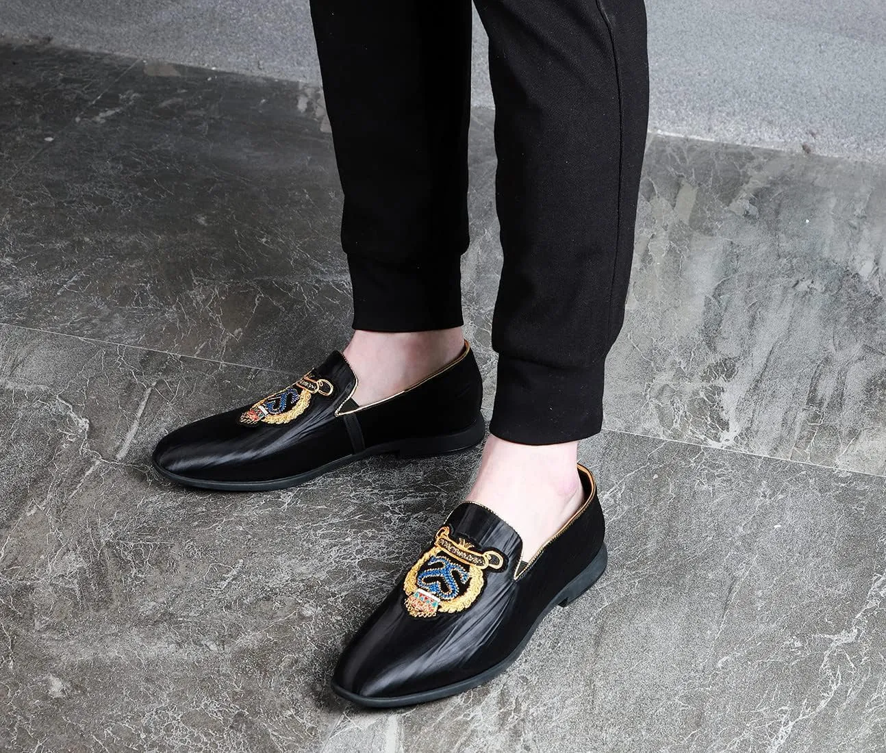 Santimon Mens Slip On Loafers Smoking Slipper Luxury Embroidery Moccasins Casual Formal Business Shoes