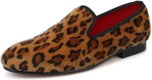 Santimon Men's Slip On Shoes Velvet Penny Loafers - Luxury Leopard Print & Two-Tone Design Suede Moccasins for Wedding & Smoking Party
