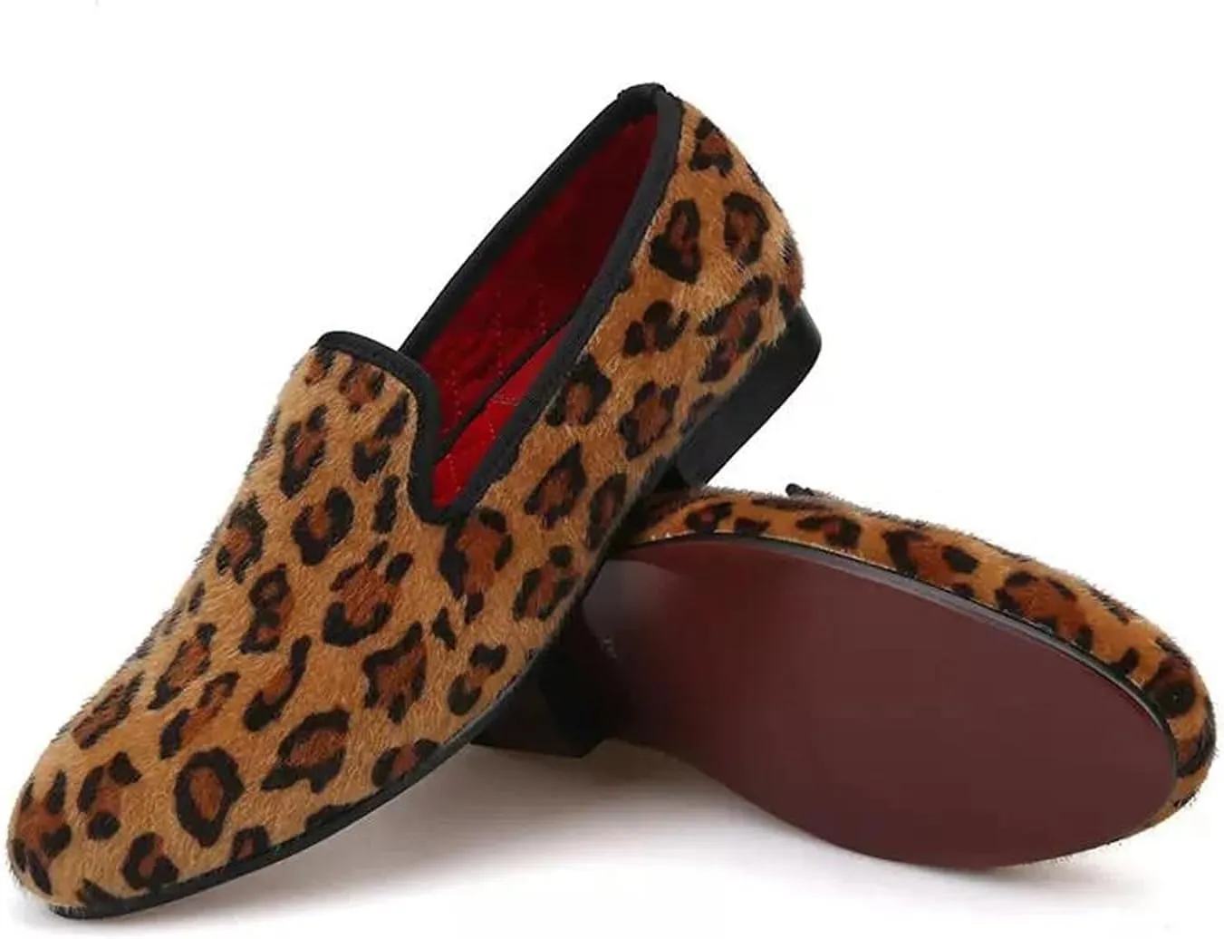 Santimon Men's Slip On Shoes Velvet Penny Loafers - Luxury Leopard Print & Two-Tone Design Suede Moccasins for Wedding & Smoking Party