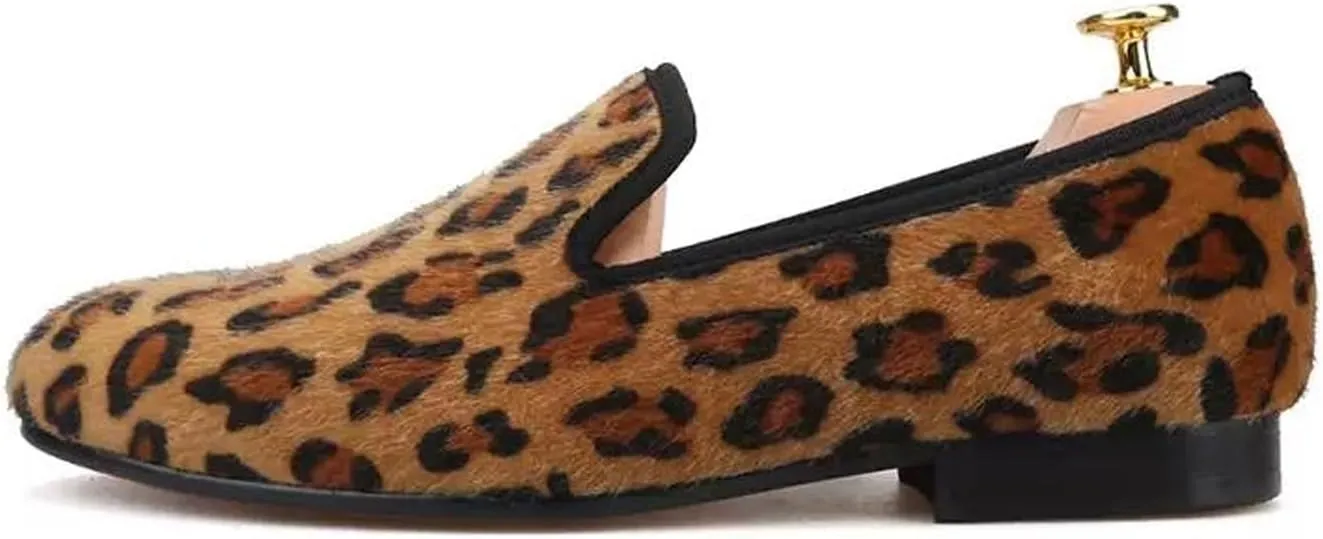Santimon Men's Slip On Shoes Velvet Penny Loafers - Luxury Leopard Print & Two-Tone Design Suede Moccasins for Wedding & Smoking Party