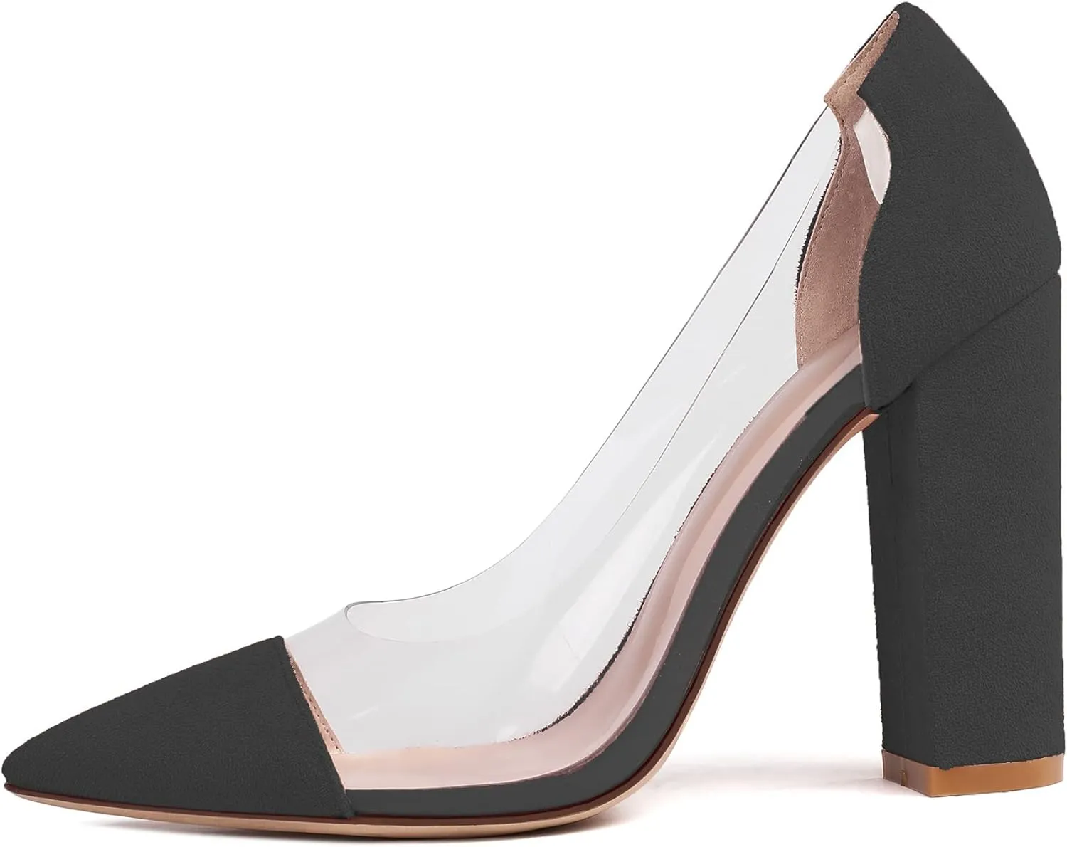 Soireelady Women's Slip-on Pumps High Block Heels Pointy Toe Sexy Clear Pumps Elegant Comfort 10CM Transparent Party Office Business Chunk Heeled Shoes